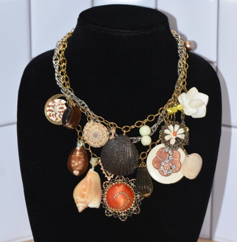 Lenora Dame Swarovski Rhinestone and Seashell Charm Chain Necklace One-of-a-Kind